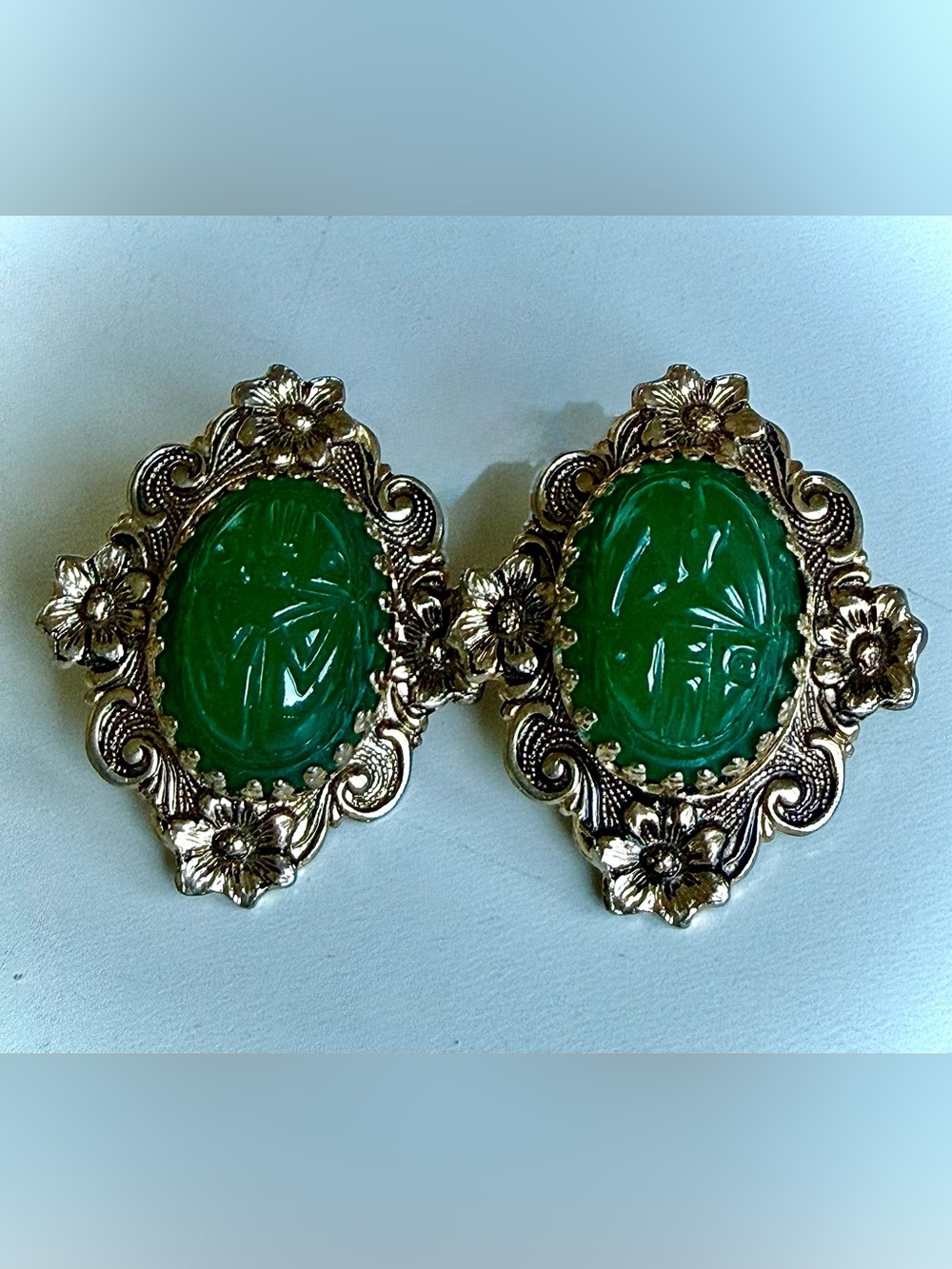 Vintage Egyptian Revival Green Scarab Clip On  Earrings Ornate Gold Tone Setting